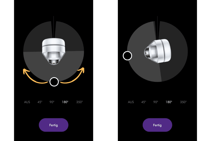 Im Drehmodus der Dyson Link App kannst Du den Winkel der Rotationsbewegung zielgenau ausrichten indem Du den Scheitelpunkt des Winkels verschiebst.